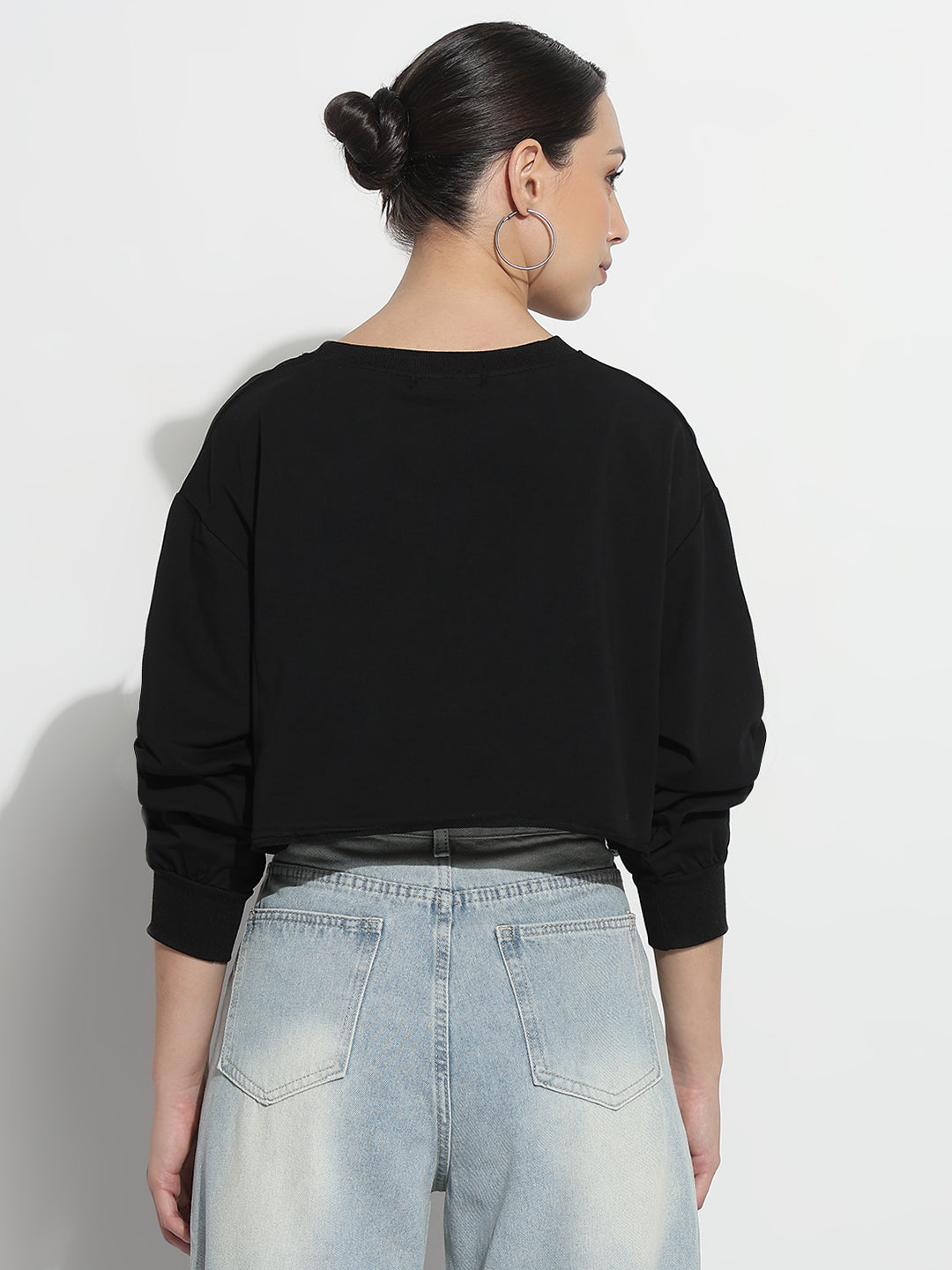 Women's Typography Black Round Neck Crop Top
