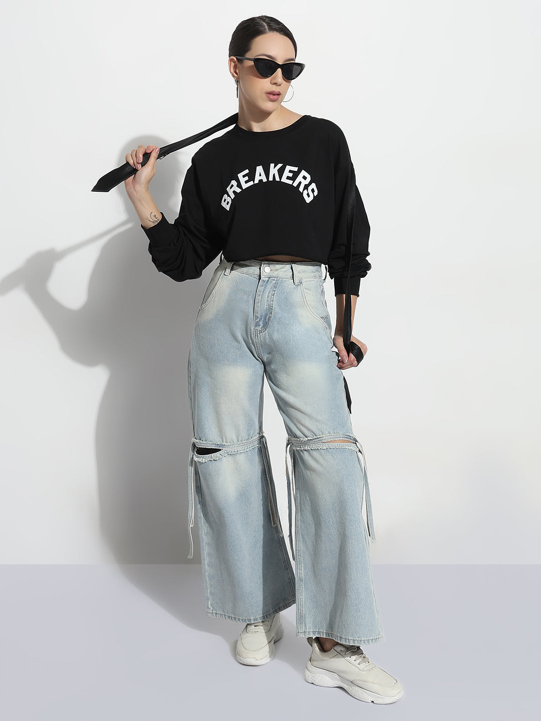 Women's Typography Black Round Neck Crop Top