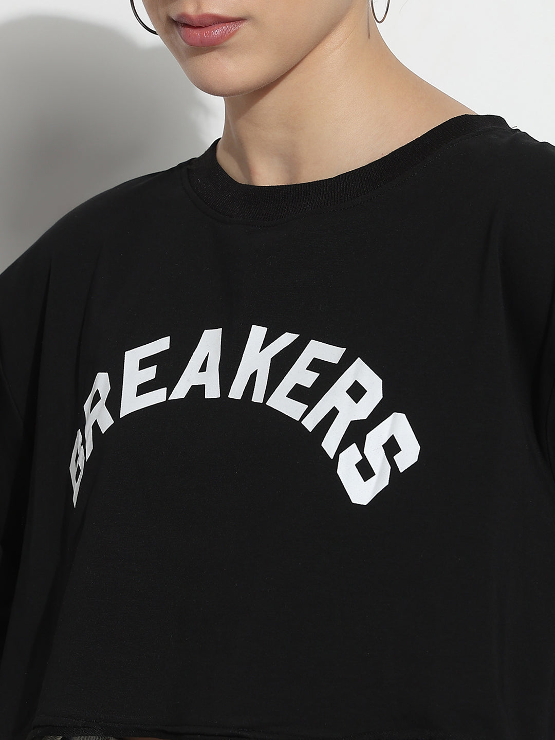 Women's Typography Black Round Neck Crop Top