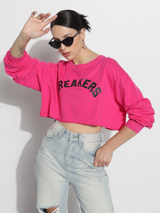 Women's Typography Pink Round Neck Crop Top