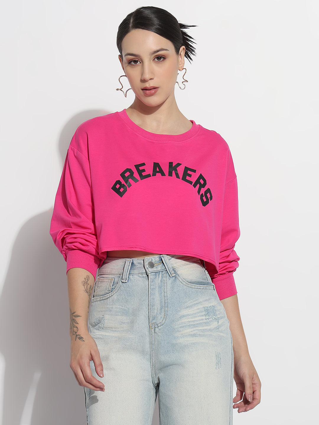 Women's Typography Pink Round Neck Crop Top