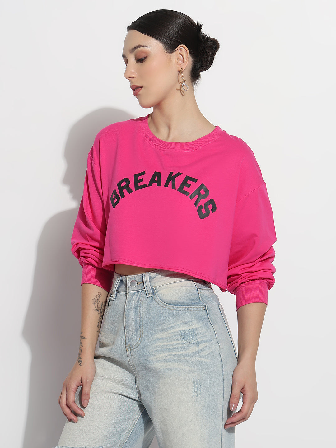 Women's Typography Pink Round Neck Crop Top