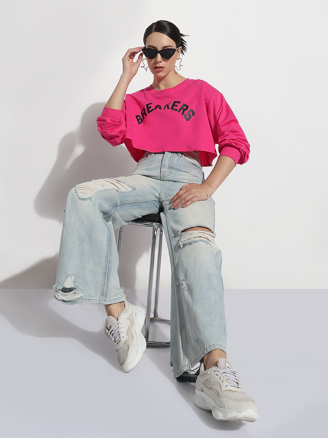 Women's Typography Pink Round Neck Crop Top