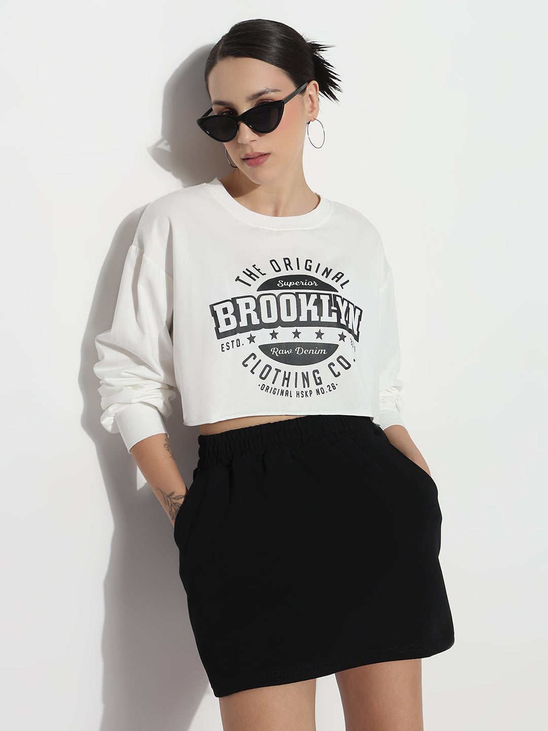 Women's Typography White Round Neck Crop Top