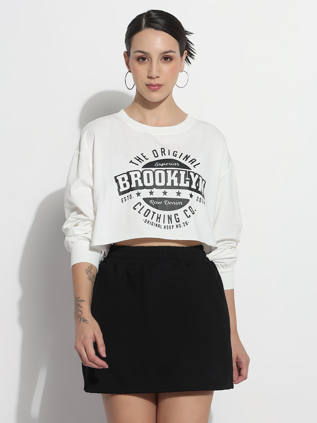 Women's Typography White Round Neck Crop Top