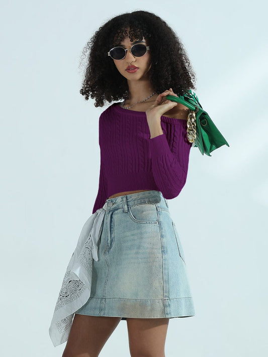 Women's Ribbed Purple Off Shoulder Crop Top