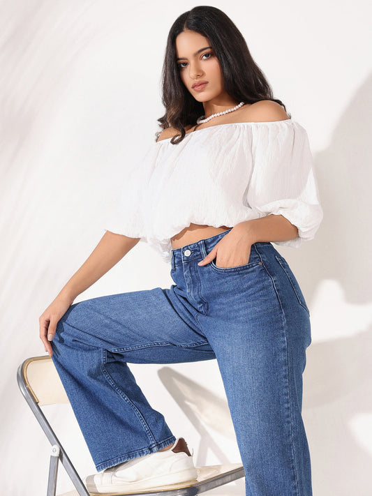 Women's White Solid Crop Top with Chain