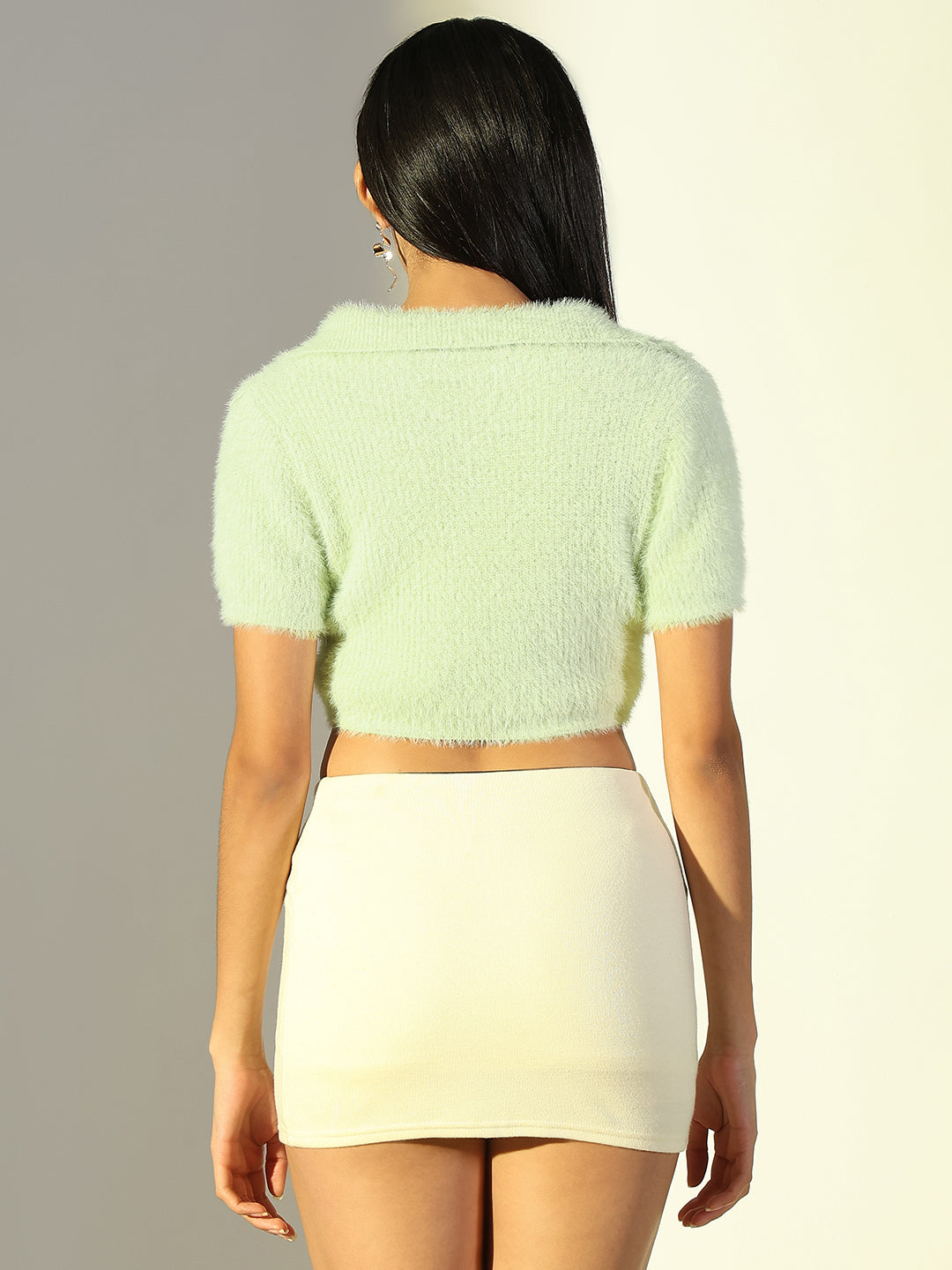 Women's Sea Green Fringed V-Neck Crop Top