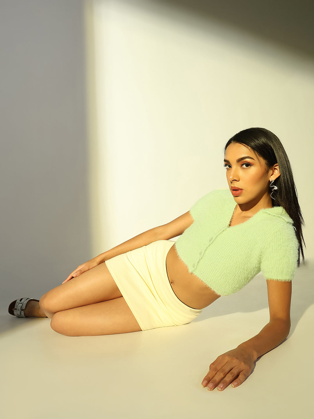 Women's Sea Green Fringed V-Neck Crop Top