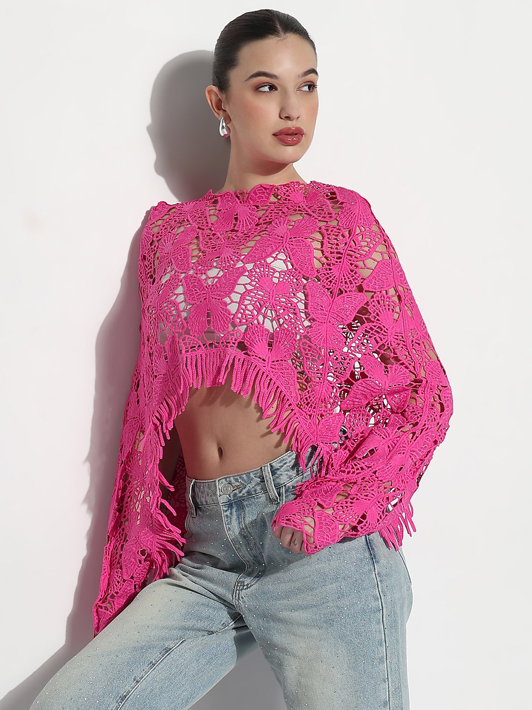 Women's Floral Pink Sheer Crochet Crop Top with Fringe Hem