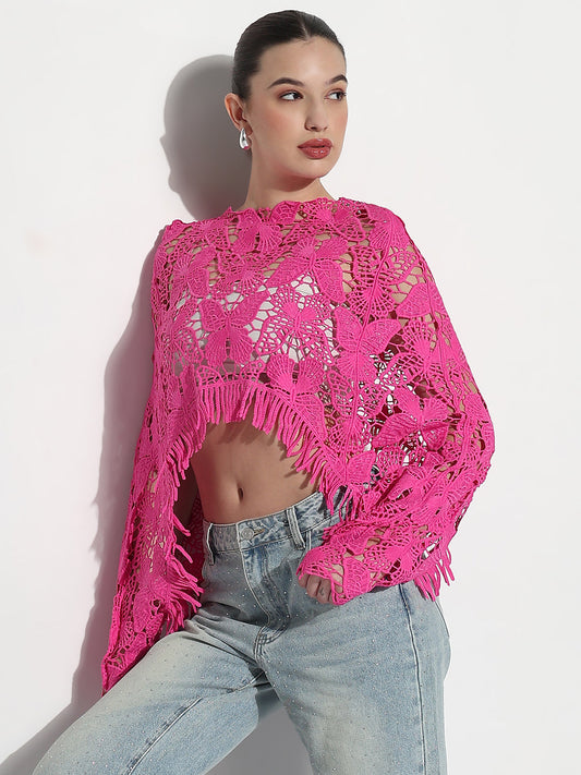 Women's Floral Pink Sheer Crochet Crop Top with Fringe Hem