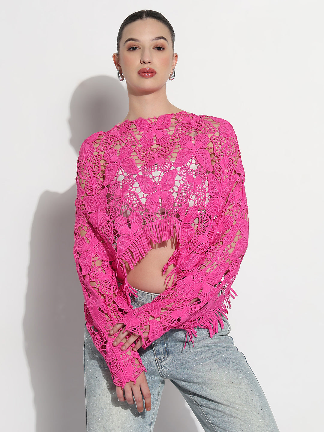 Women's Floral Pink Sheer Crochet Crop Top with Fringe Hem