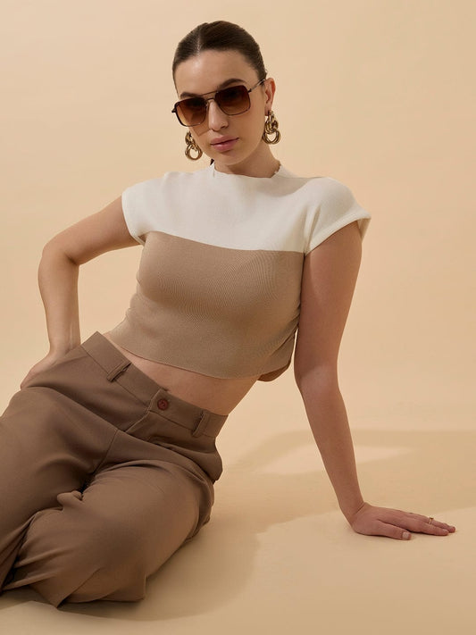 Women's Ribbed Beige High Neck Ruched Crop Top