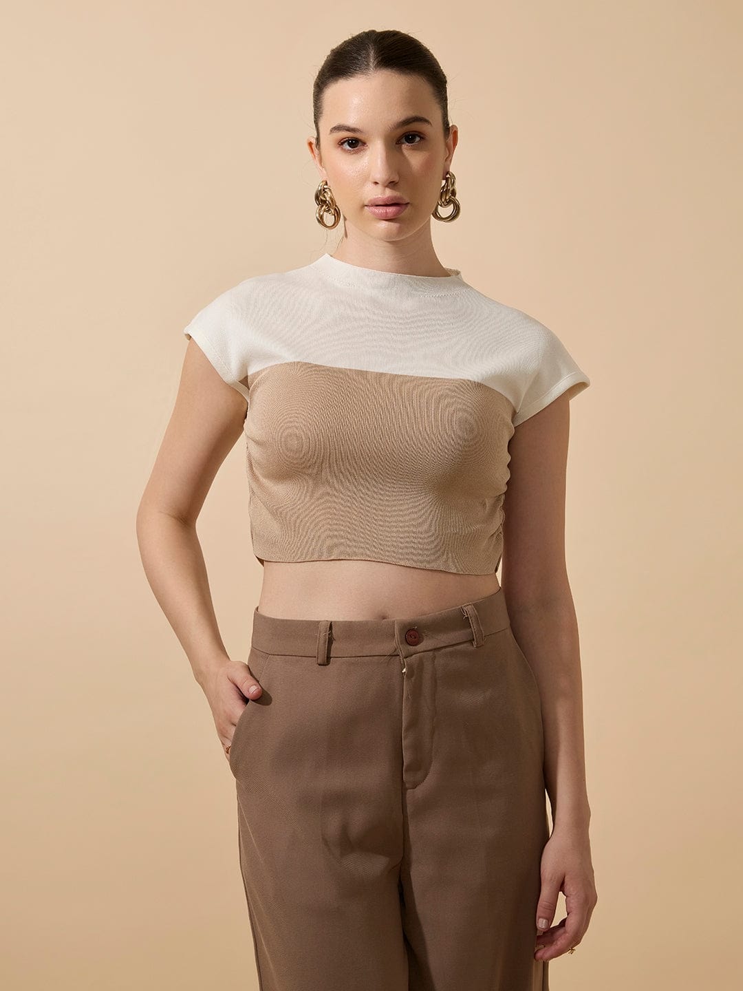 Women's Ribbed Beige High Neck Ruched Crop Top