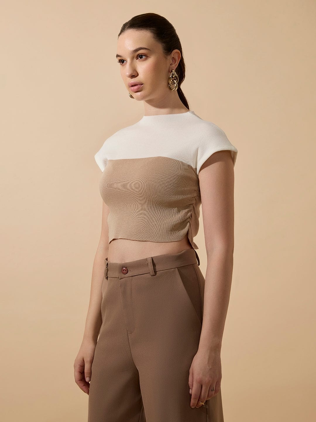 Women's Ribbed Beige High Neck Ruched Crop Top