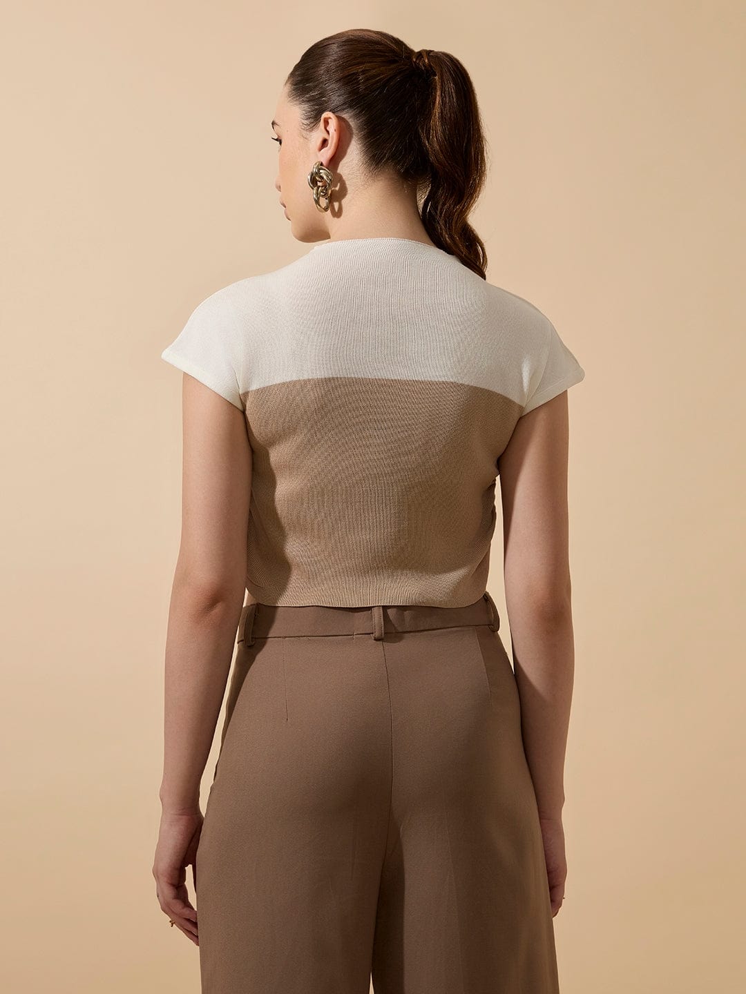 Women's Ribbed Beige High Neck Ruched Crop Top
