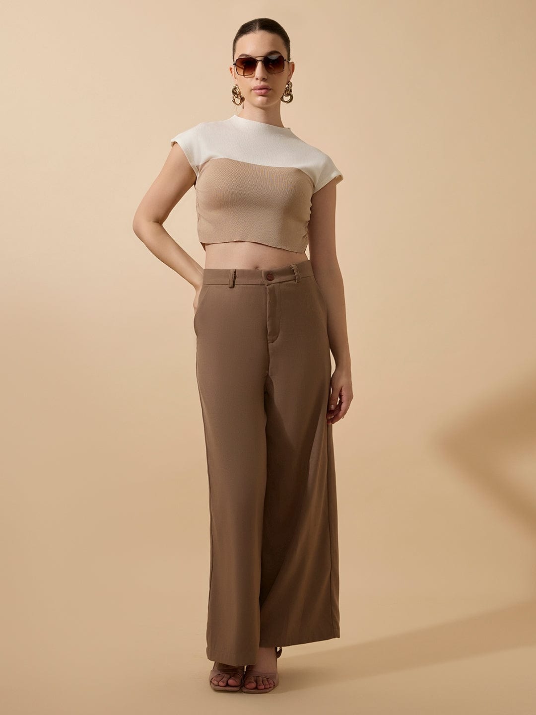 Women's Ribbed Beige High Neck Ruched Crop Top