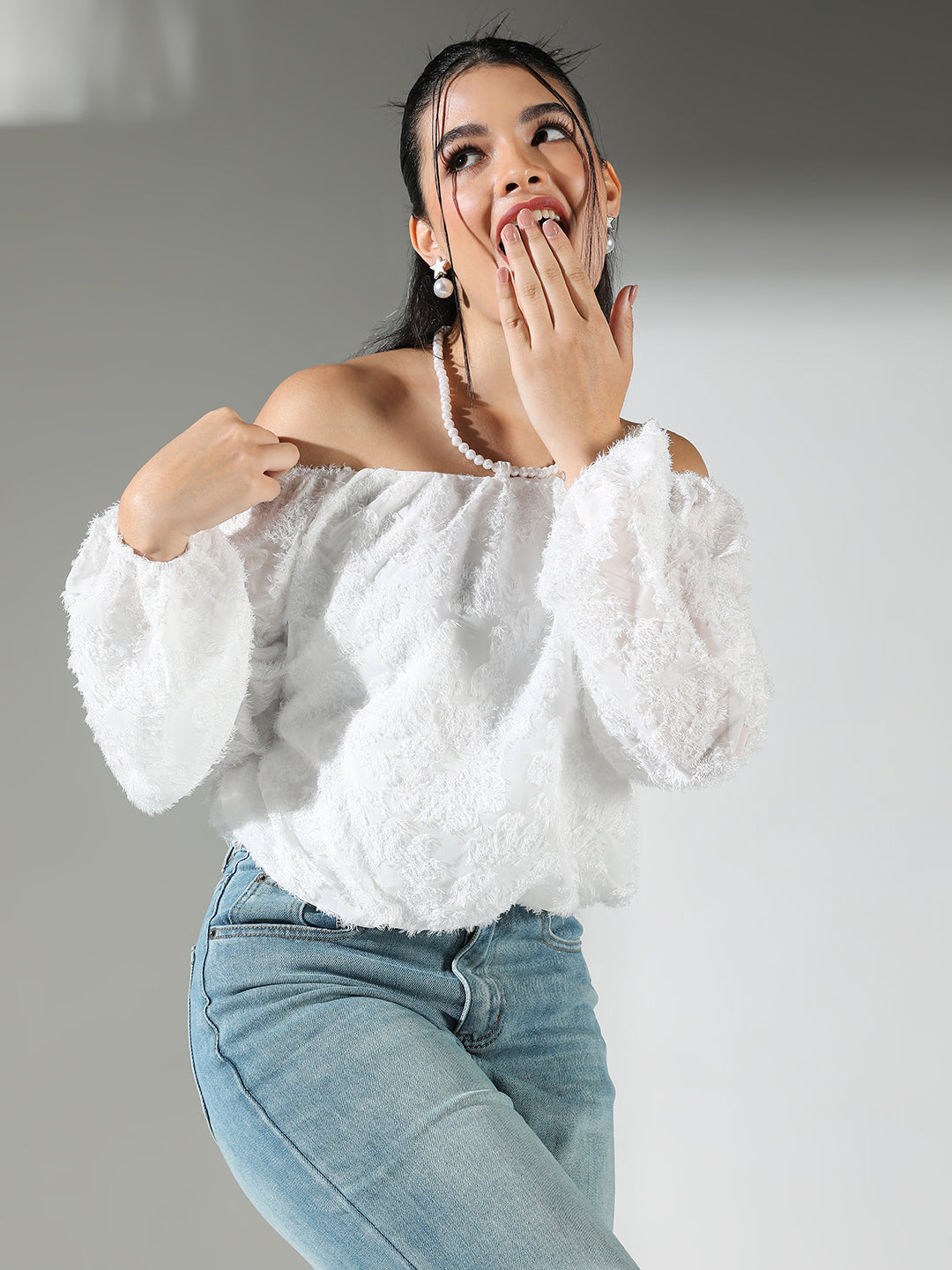 Women's Textured White Off Shoulder Top with Pearl Necklace