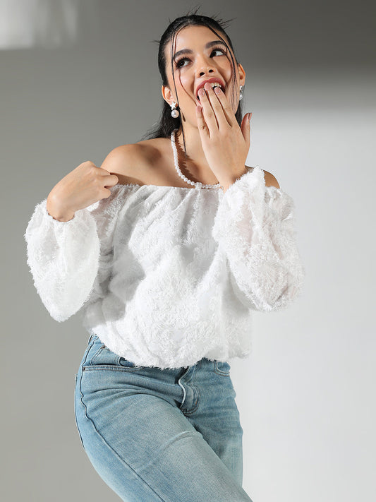 Women's Textured White Off Shoulder Top with Pearl Necklace