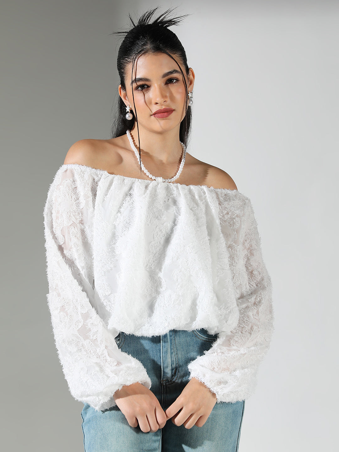 Women's Textured White Off Shoulder Top with Pearl Necklace