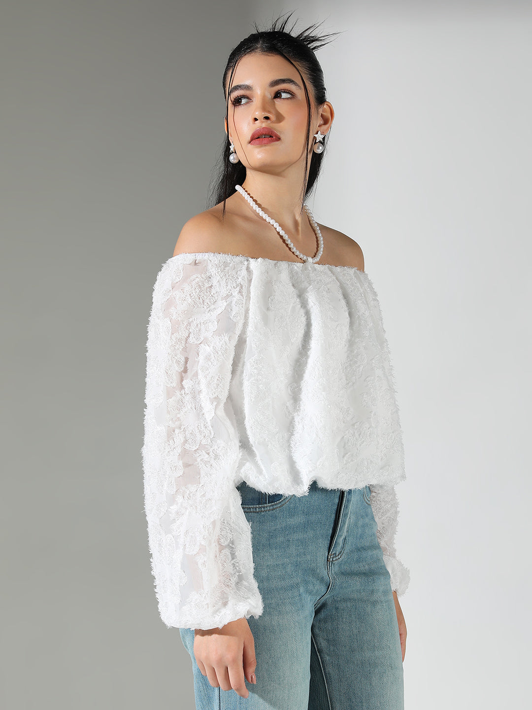 Women's Textured White Off Shoulder Top with Pearl Necklace