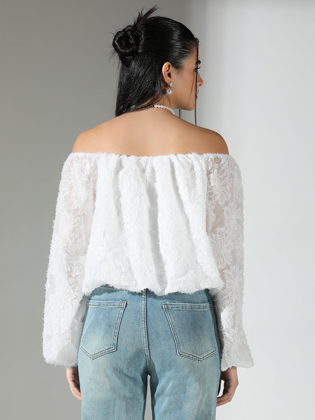 Women's Textured White Off Shoulder Top with Pearl Necklace