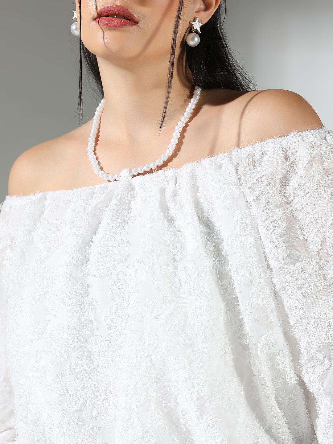 Women's Textured White Off Shoulder Top with Pearl Necklace