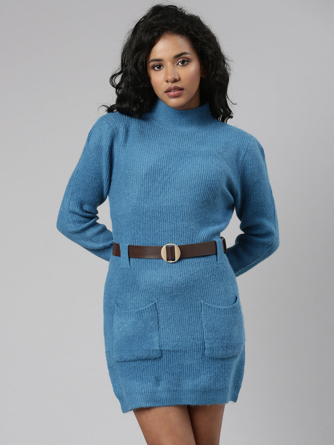 Women's Blue High Neck Belted Sheath Dress