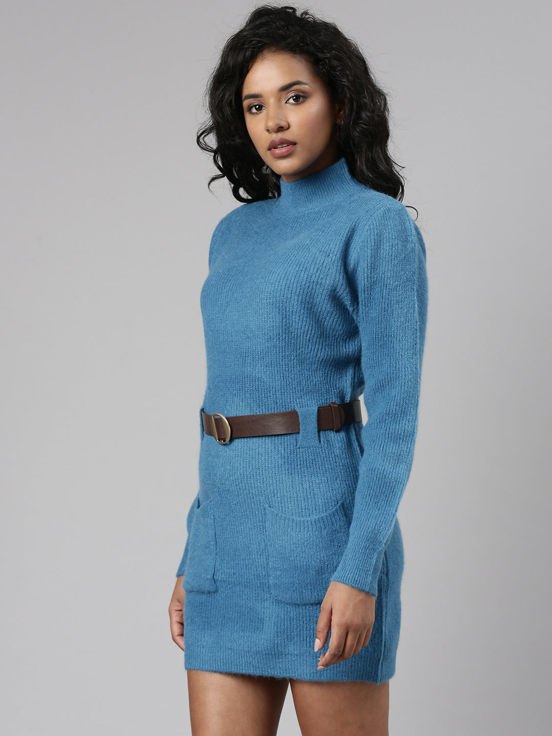 Women's Blue High Neck Belted Sheath Dress