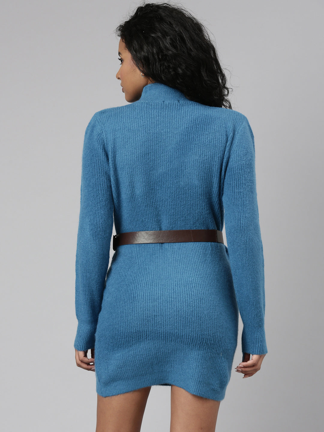 Women's Blue High Neck Belted Sheath Dress