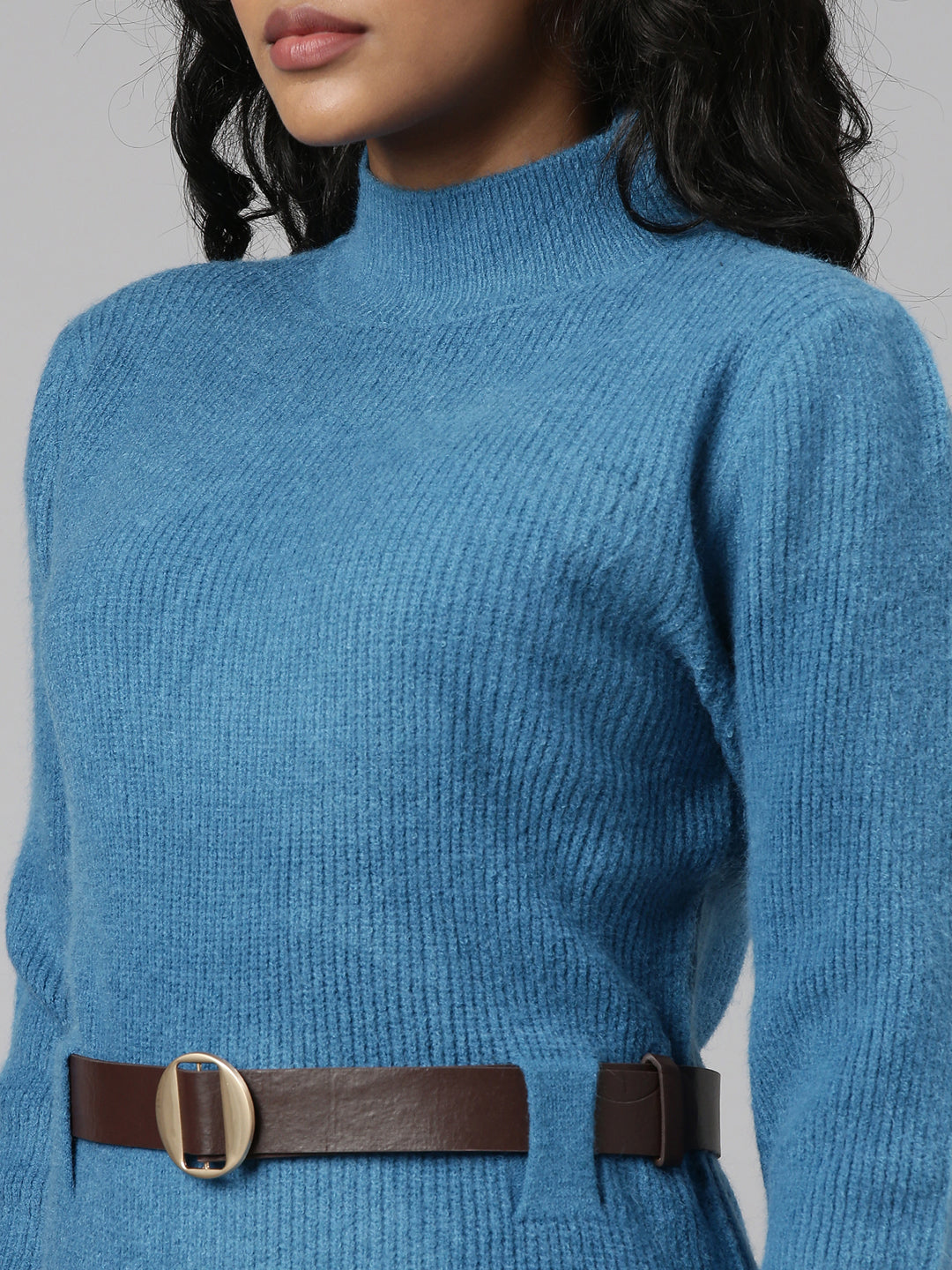 Women's Blue High Neck Belted Sheath Dress