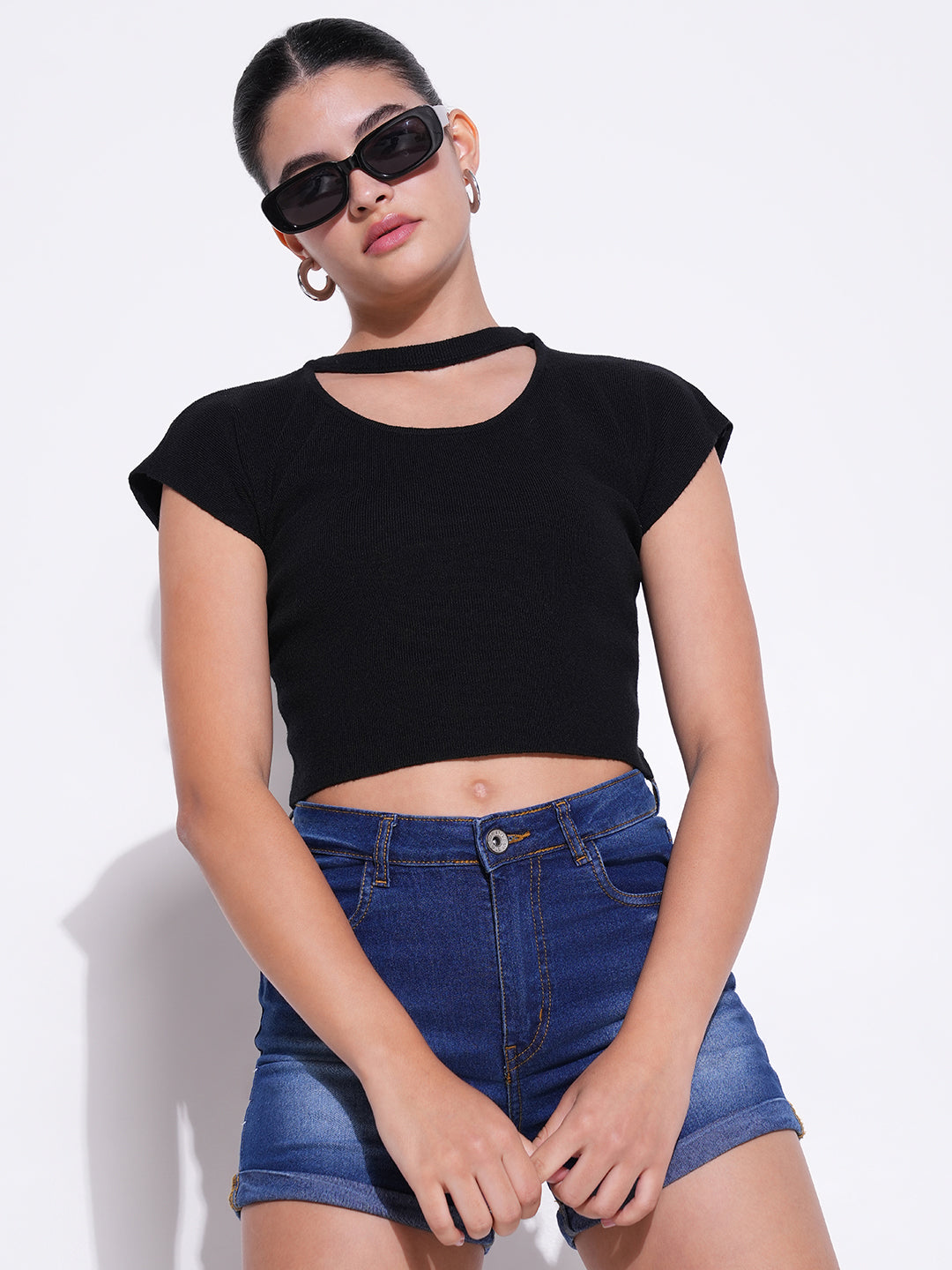 Women's Black Round Neck Extended Sleeves Crop Top