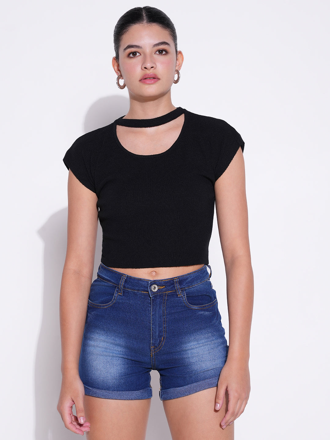 Women's Black Round Neck Extended Sleeves Crop Top