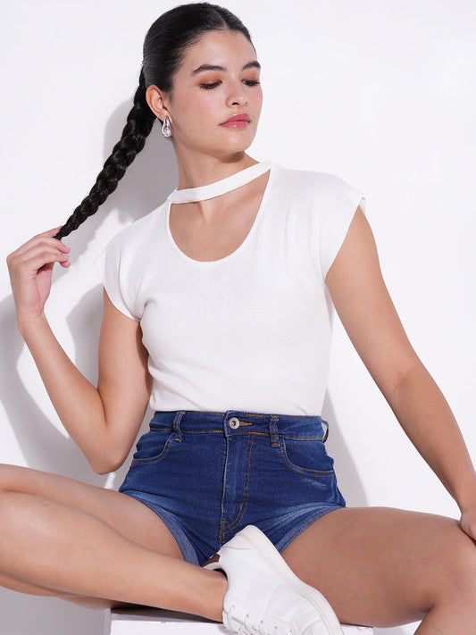 Women's Off White Short Sleeves Round Neck Crop Top