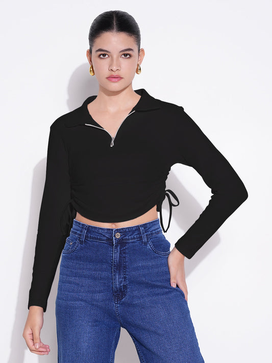 Women's Casual Solid Black Shirt Collar Crop Top