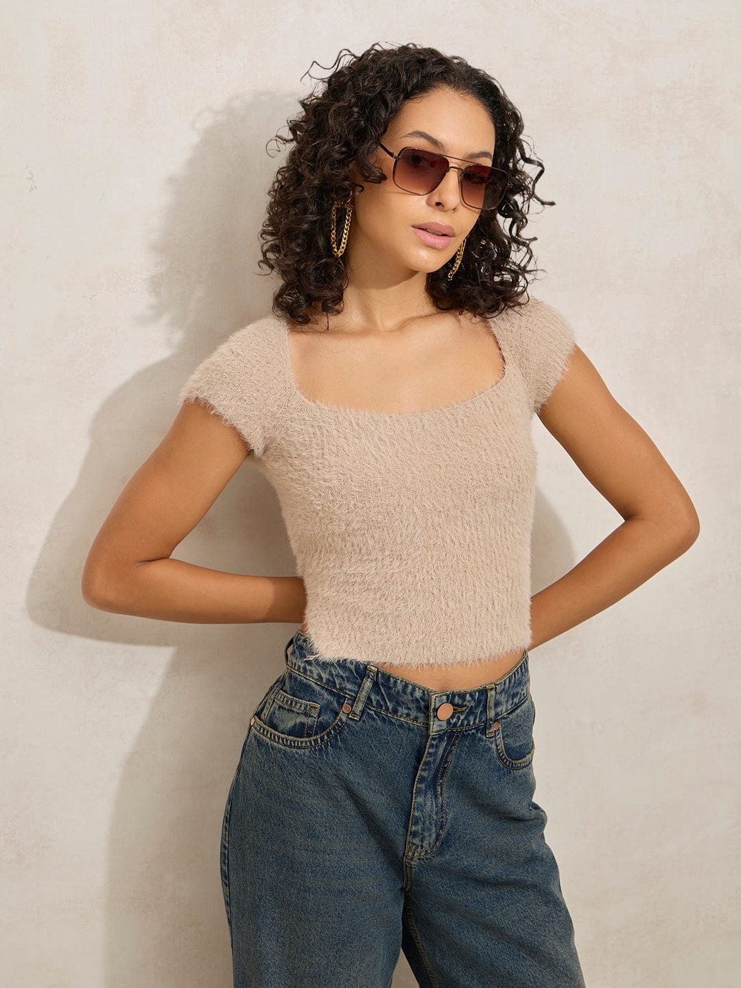 Women's Beige Square Neck Solid Crop Top