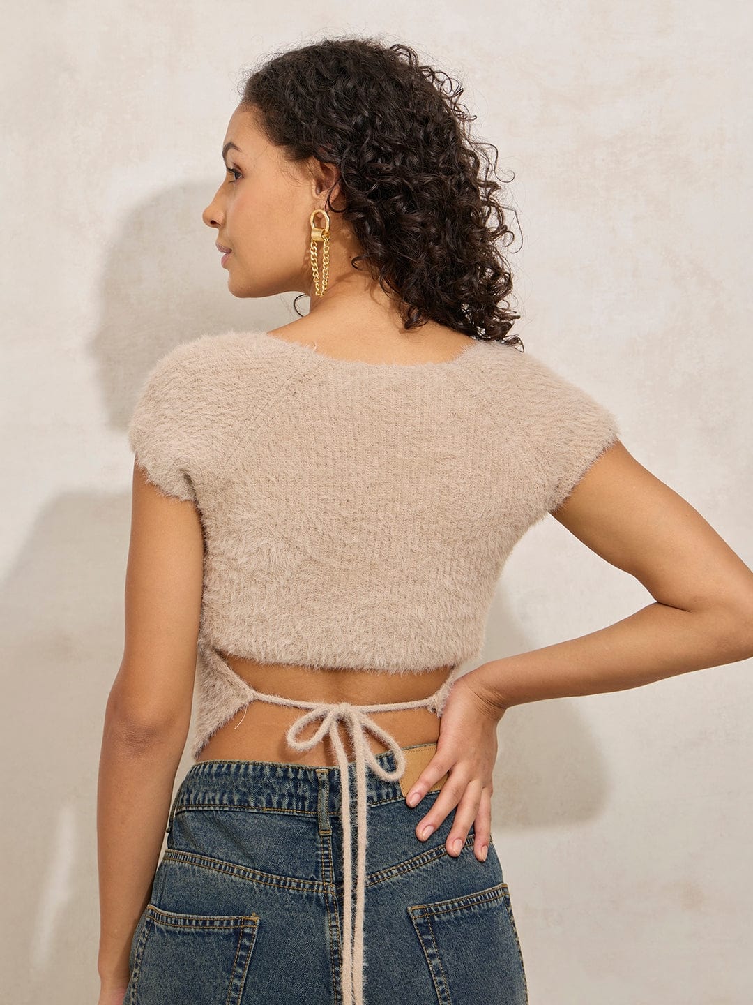 Women's Beige Square Neck Solid Crop Top