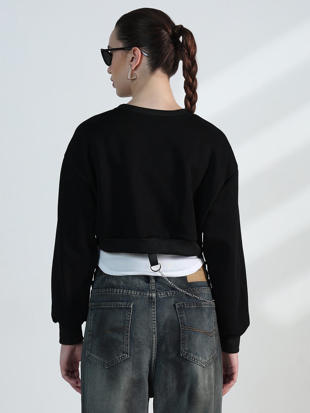 Women's Black Crop Sweatshirt with Chain Detail