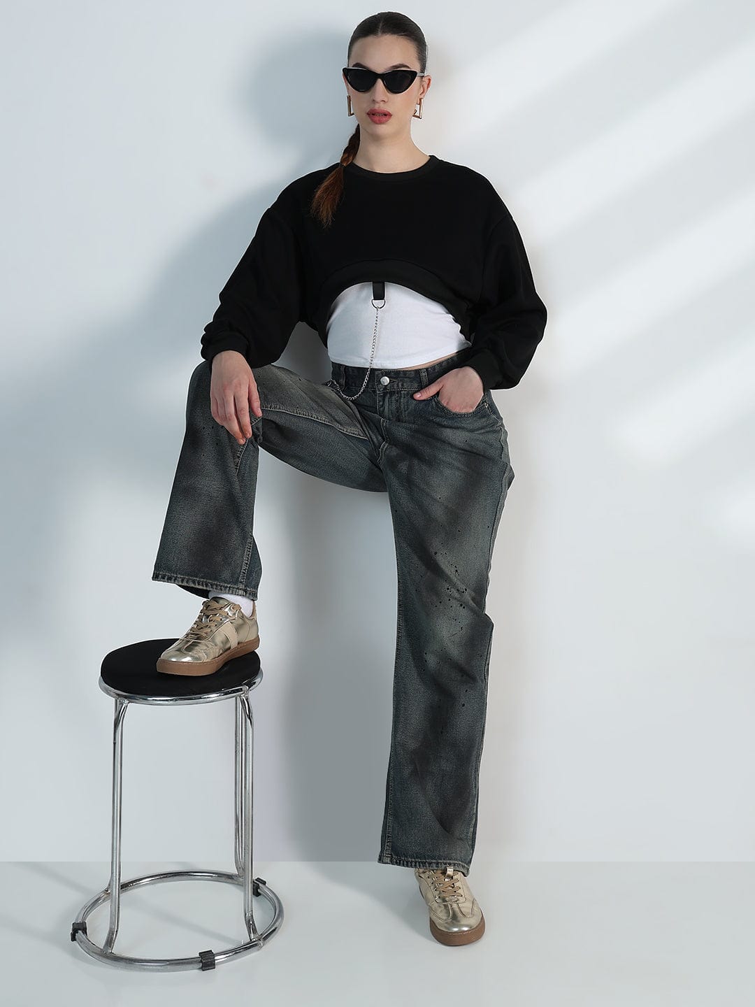 Women's Black Crop Sweatshirt with Chain Detail