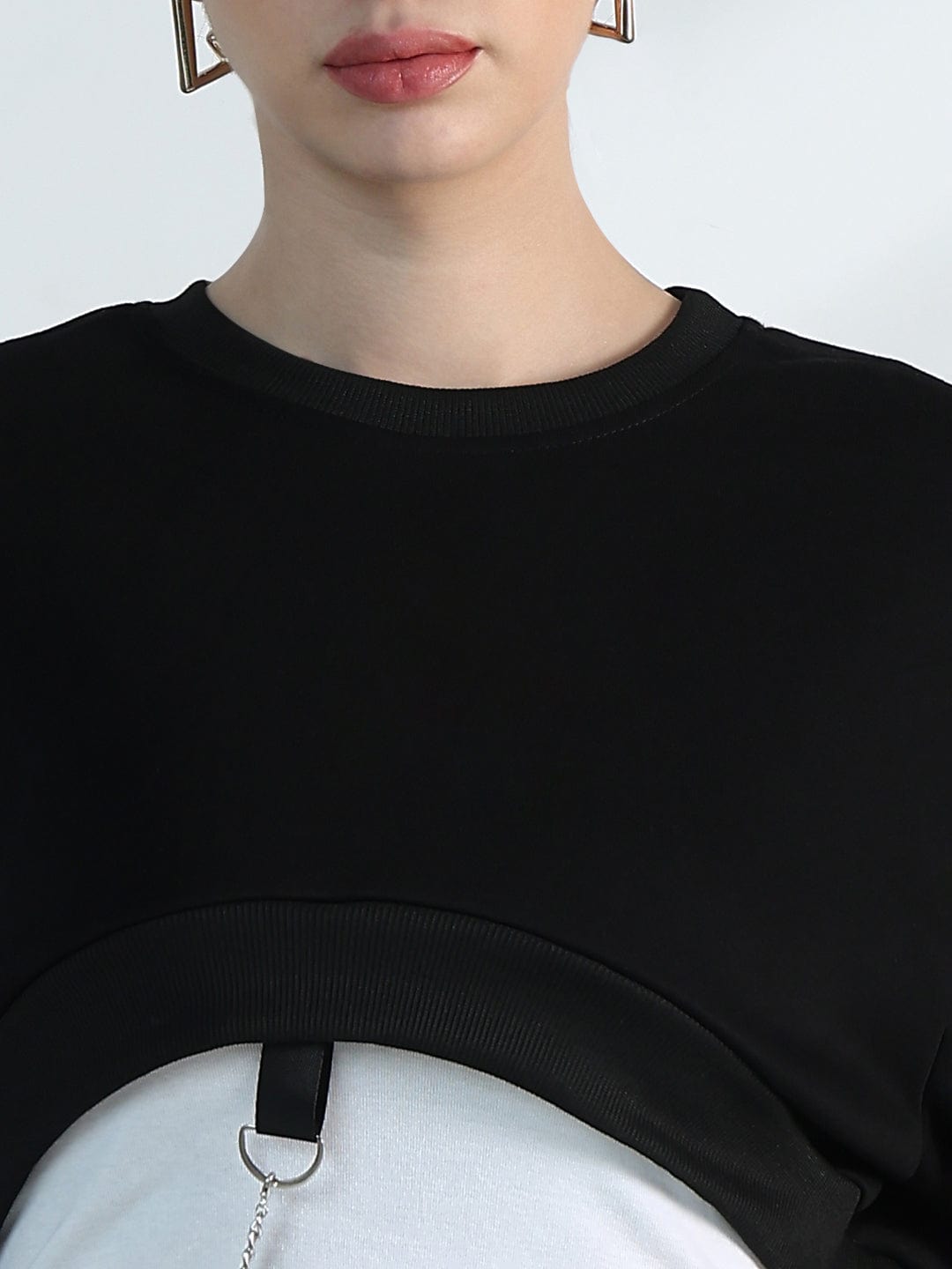 Women's Black Crop Sweatshirt with Chain Detail