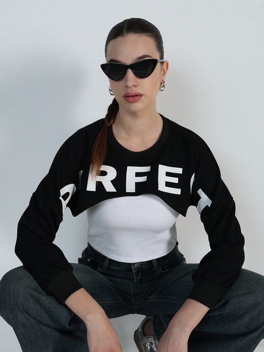 Women's Graphic Black Crop Sweatshirt with Wrap Detail