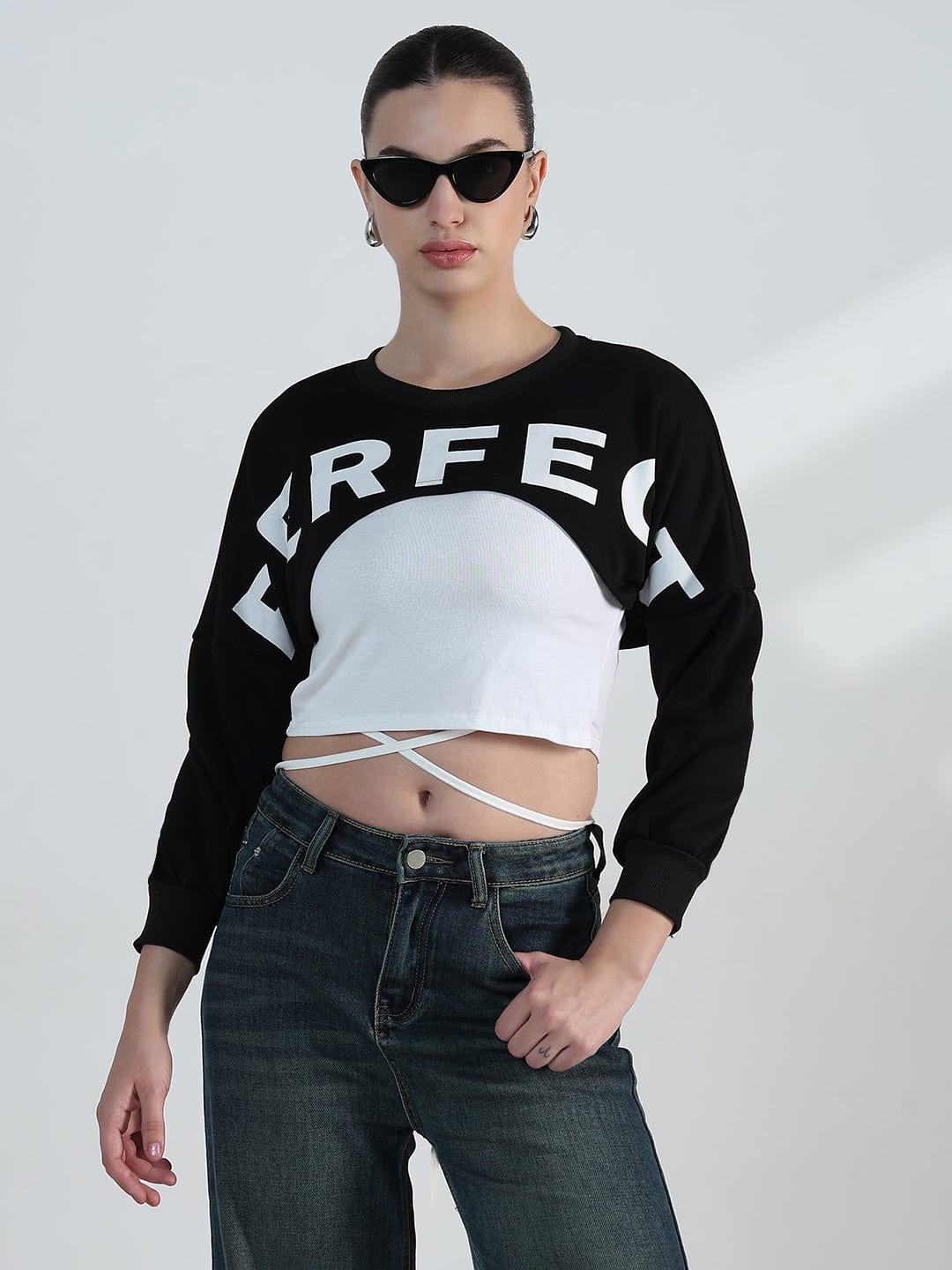 Women's Graphic Black Crop Sweatshirt with Wrap Detail