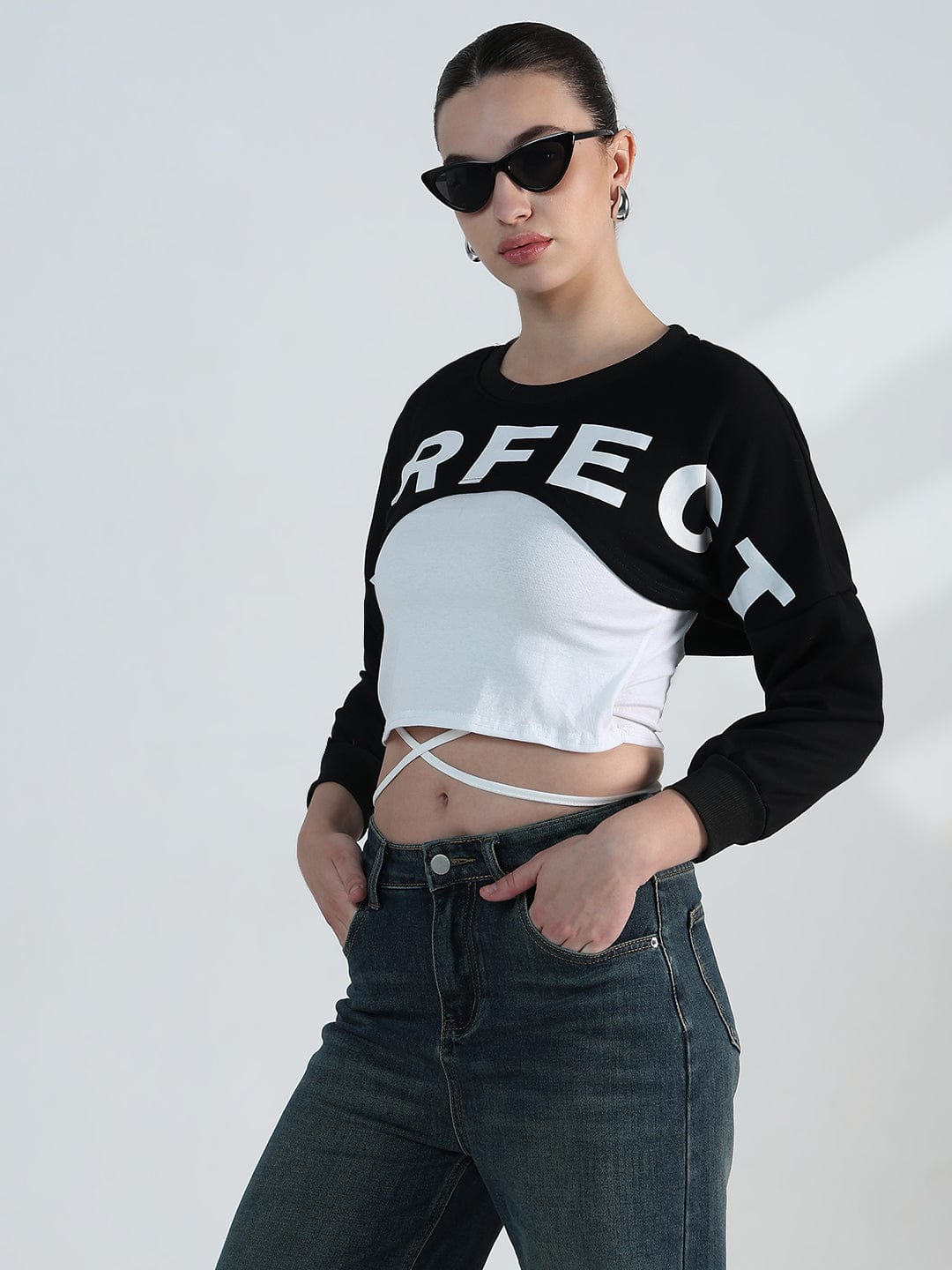 Women's Graphic Black Crop Sweatshirt with Wrap Detail