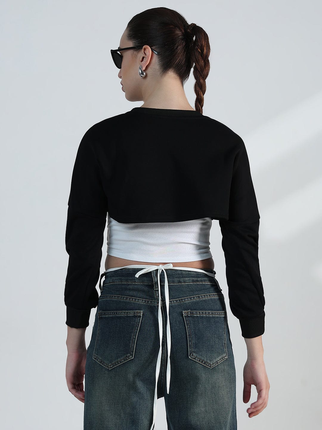 Women's Graphic Black Crop Sweatshirt with Wrap Detail
