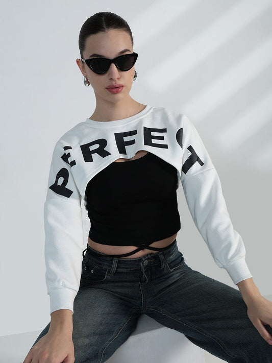 Women's Graphic White Crop Sweatshirt with Wrap Detail