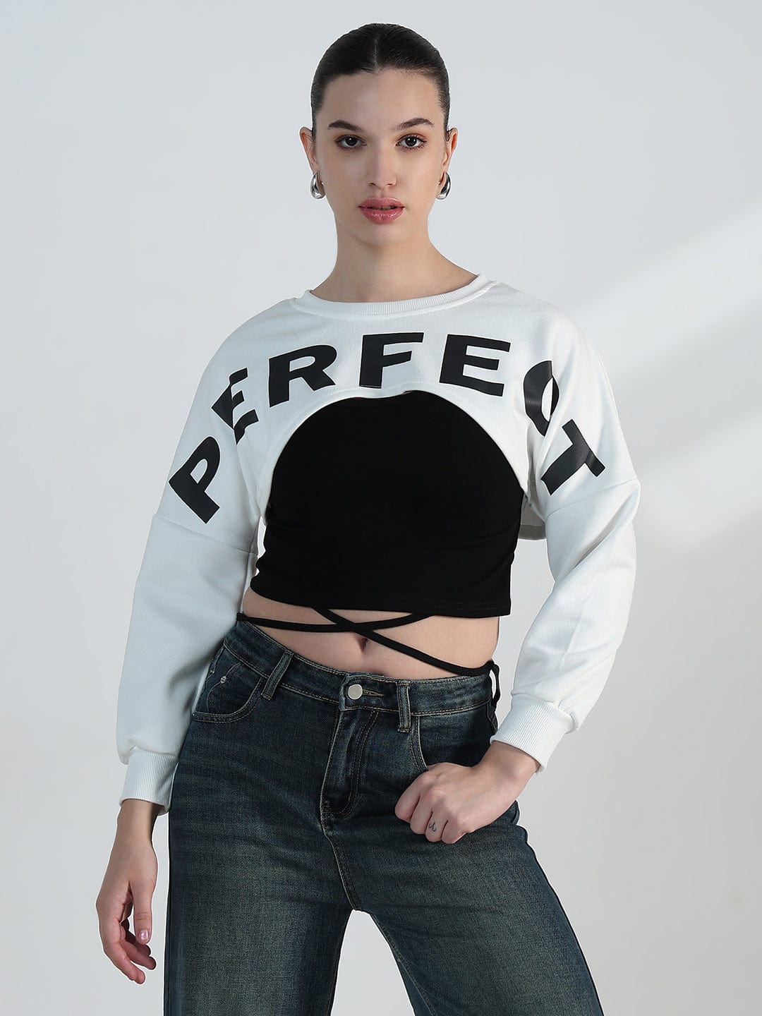 Women's Graphic White Crop Sweatshirt with Wrap Detail
