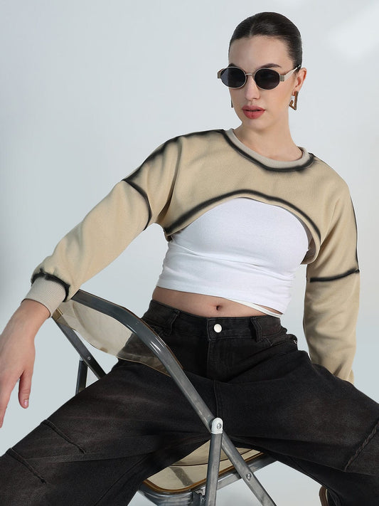 Women's Beige Oversized Crop Top with Inner Tank Top