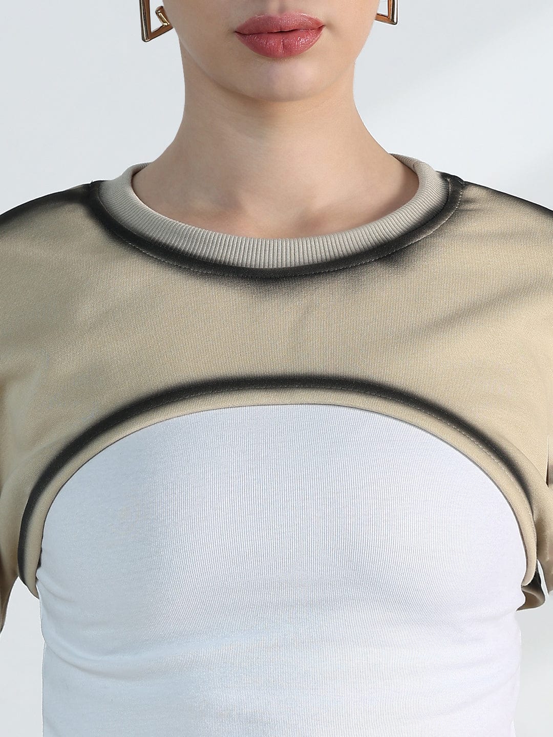 Women's Beige Oversized Crop Top with Inner Tank Top