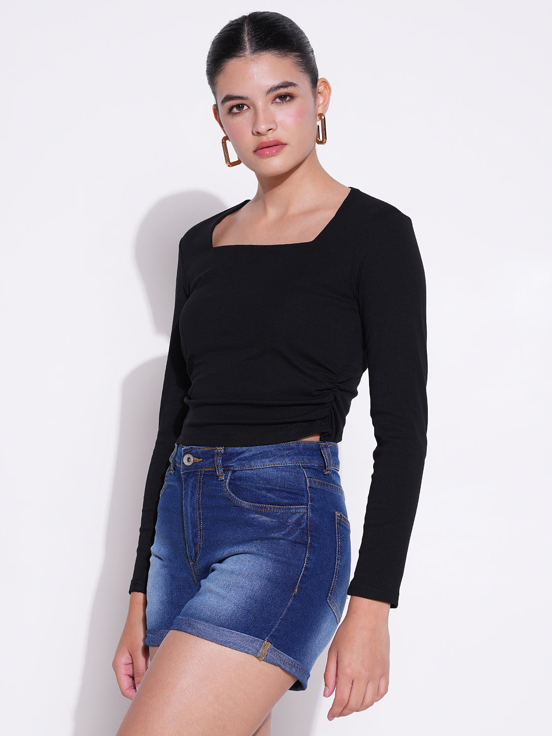 Women's Black Square Neck Cotton Crop Top