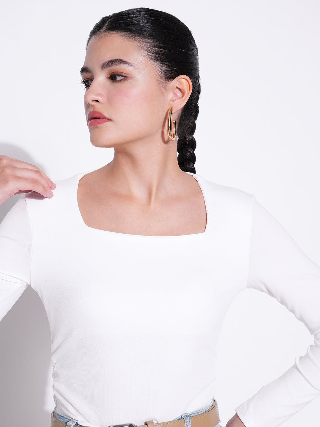 Women's Ruched White Square Neck Full Sleeves Top